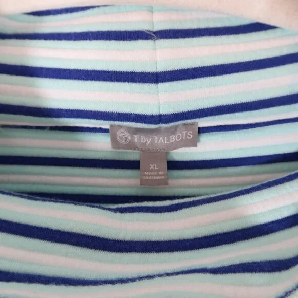 T BY TALBOTS Textured Stripe Button Cuff Mock Neck Sweatshirt Size XL Blue Aqua - Picture 6 of 7